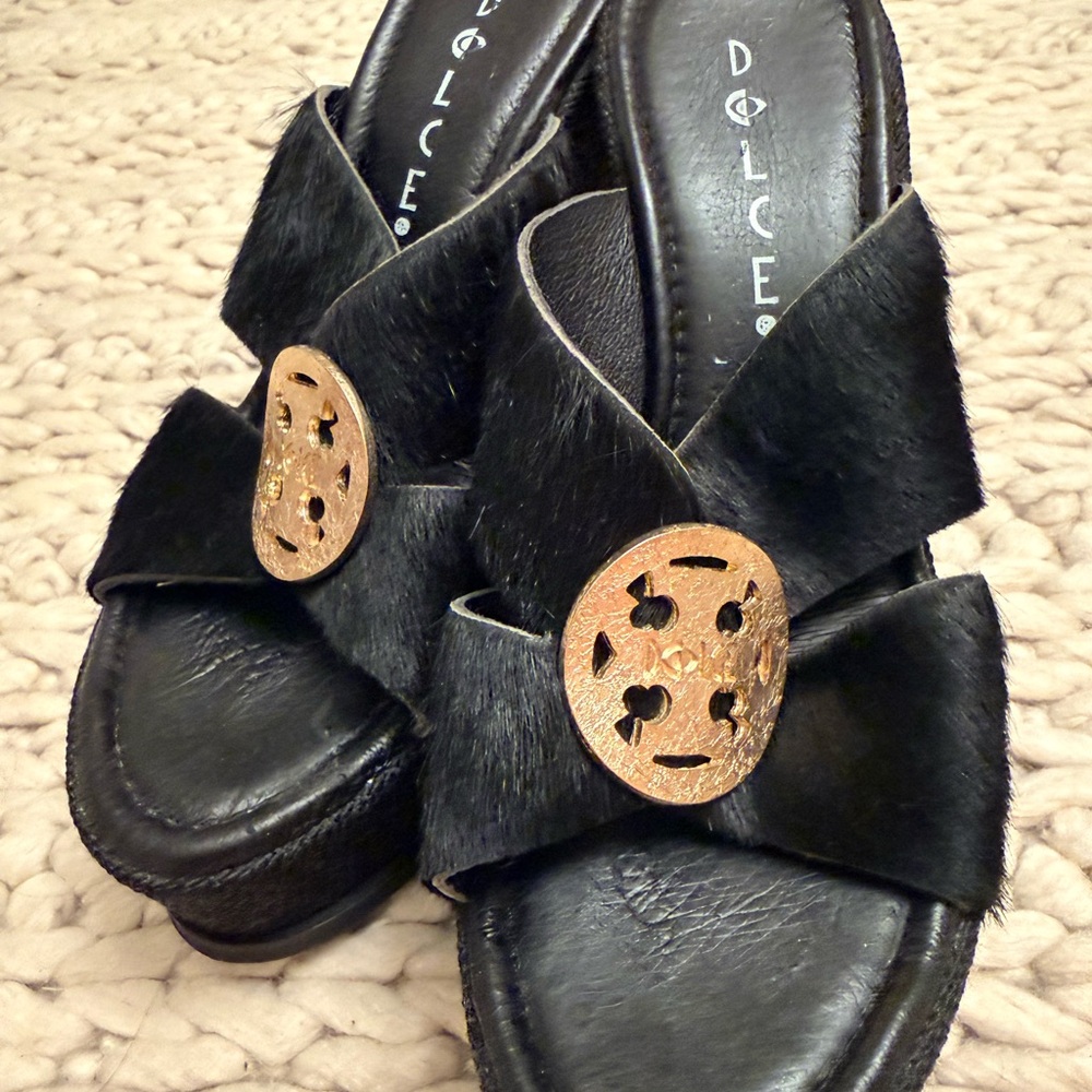 Calf hair wedge sandals Black with gold accents.  Very comfortable